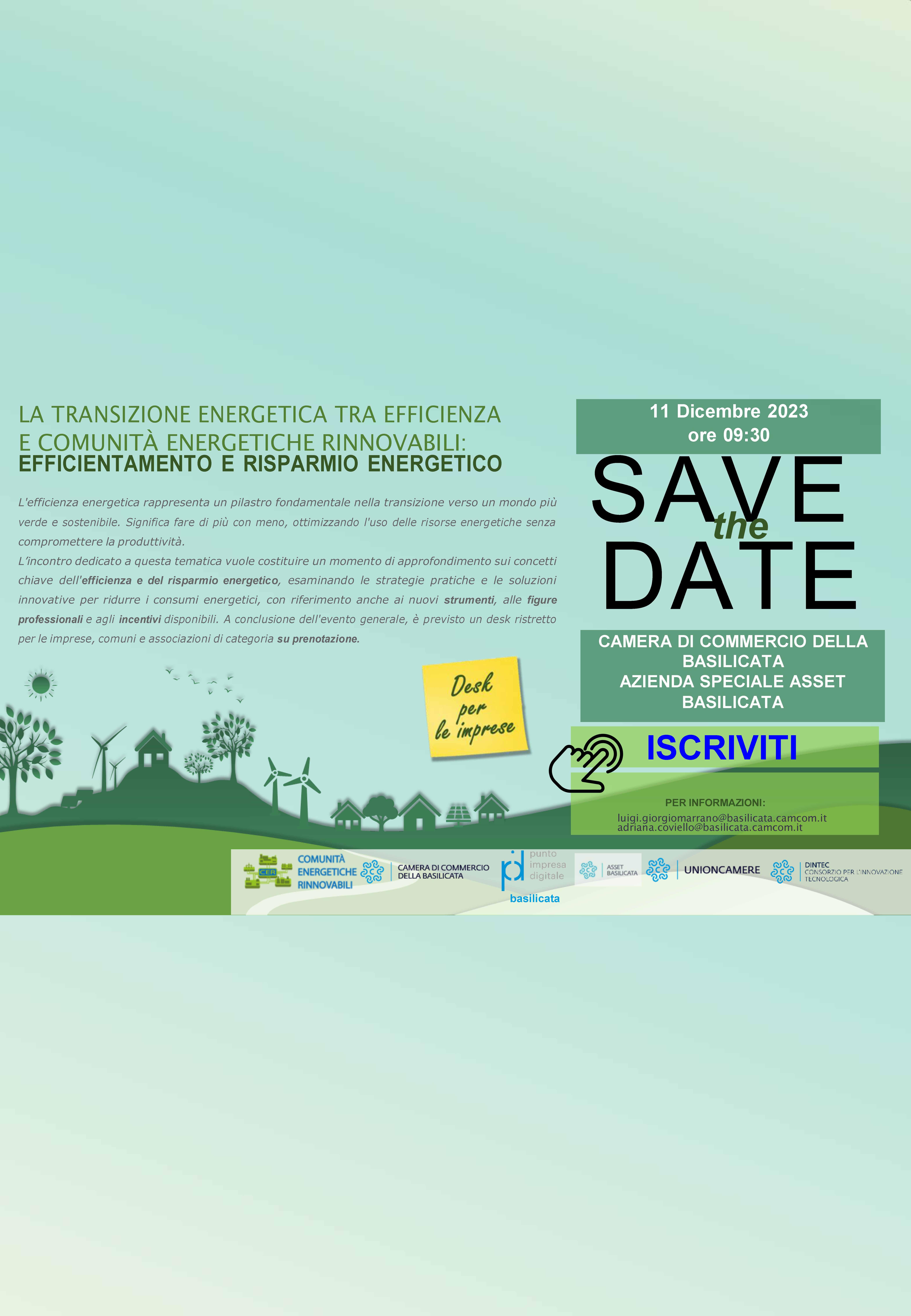 Webinar e Desk informativi su “La transizione energetica tra efficienza e comunità energetiche rinnovabili: efficientamento e risparmio energetico” - 11 dicembre 2023